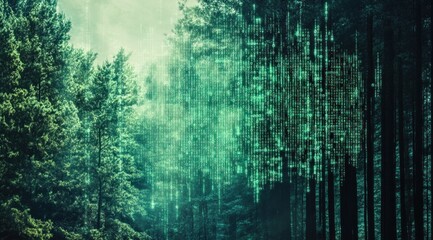 A striking display of green digital code merges seamlessly with a tranquil forest environment, showcasing the intersection of nature and technology