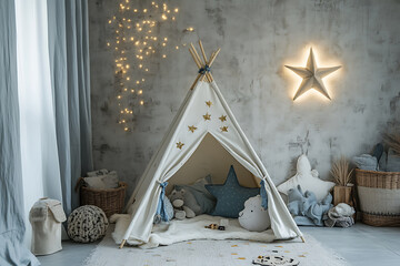 A cozy and stylish children's teepee tent, designed with soft fabric and playful decorations