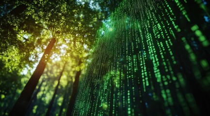 A digital matrix of green code illuminates a lush forest, with sunlight creating dappled patterns through the dense foliage