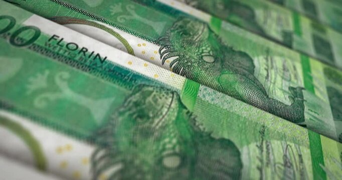 Aruba money Aruban florin banknote loop. 100 AWG money texture. Concept of economy, business, crisis, banking, recession, debt and finance. Moving over note loopable seamless 3d.