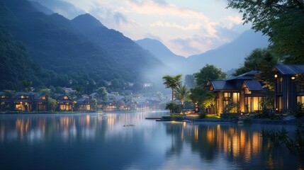 Fototapeta premium Serene mountain lake village at dusk