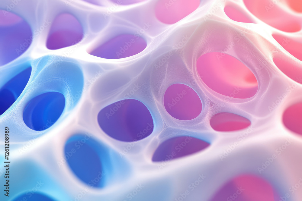 Poster abstract 3d render of a porous, interconnected structure with pastel blue and pink hues.