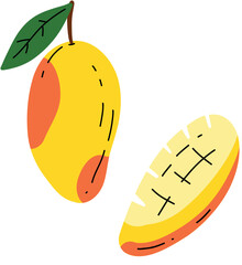 Juicy yellow mango, whole and sliced. Pictures on a plain white background are a useful fruit. Sticker with doodles