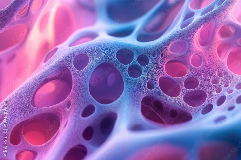 Poster abstract 3d render of a porous, biomorphic structure illuminated with pink and blue gradient lightin
