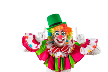 Funny clown pointing up at blank template copy spase for advertising, posters, greetings, invitations. Entertainer as Joker in a suit and wig, with clown whiteface makeup.