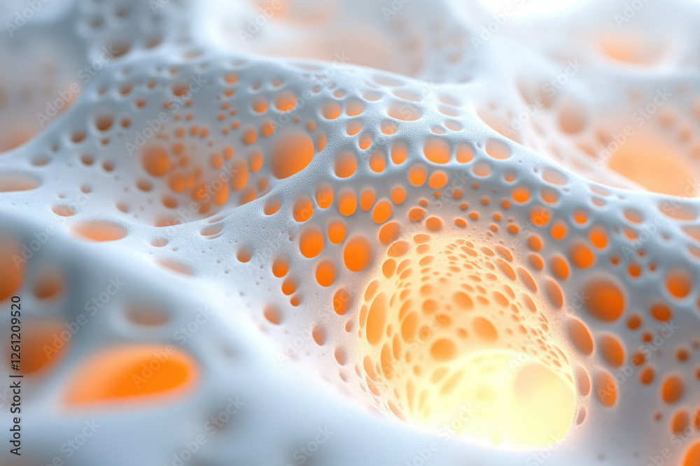 Poster Abstract 3D rendering of a porous, spongy surface with glowing orange inner structures.