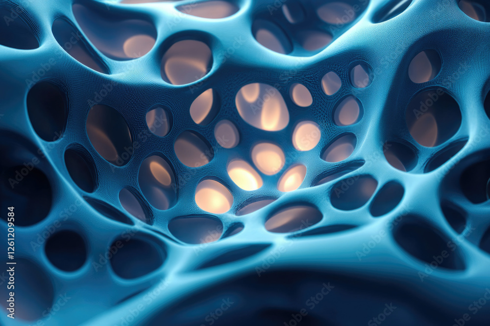 Aufkleber abstract 3d render of a blue porous structure with glowing inner cavities.
