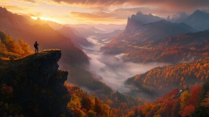Fototapeta premium Sporty man on the mountain peak looking on mountain valley with low clouds at colorful sunset in autumn in Dolomites. Landscape with traveler, foggy hills, forest in fall, amazing sky at dusk in Alps