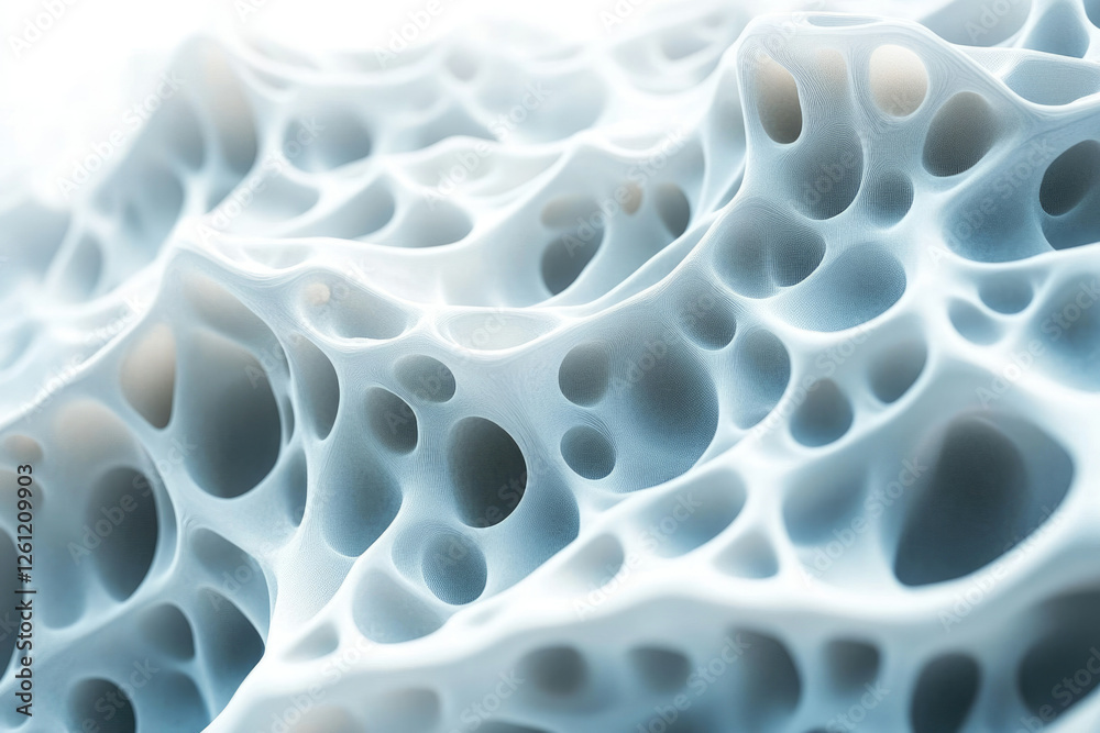 Poster abstract 3d render of a porous, spongy, interconnected structure resembling bone or foam.