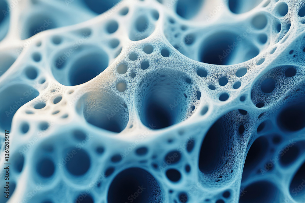 Poster Abstract 3D rendering of a porous, interconnected structure resembling a complex network or sponge-like material.