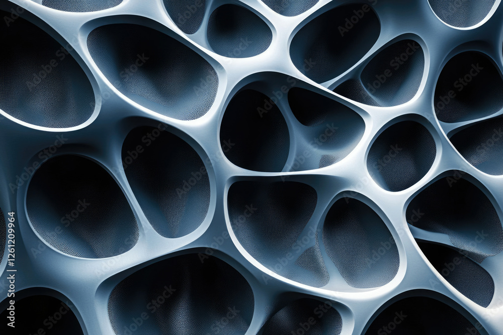 Poster Abstract 3D rendering of a complex, interconnected, organic-like structure with smooth, curved surfaces and dark recesses.