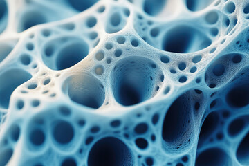 Abstract 3D rendering of a porous, interconnected structure resembling a complex network or sponge-like material.