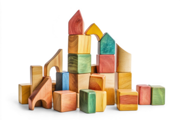 Colorful wooden building blocks arranged into a tower, encouraging children's creativity and fine motor skills during playtime