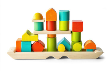 Children's wooden building blocks in bright colors form a tower that encourages creativity and fine motor skills during imaginative playtime