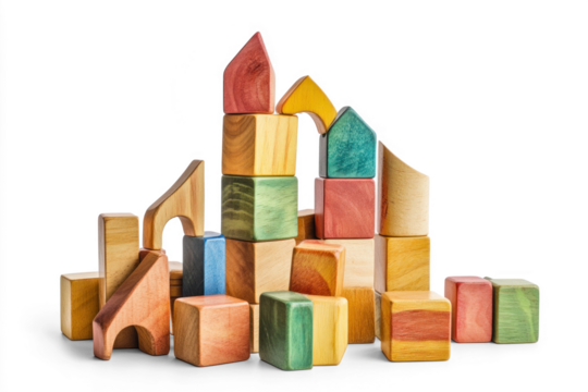 Colorful wooden building blocks arranged into a tower, encouraging children's creativity and fine motor skills during playtime