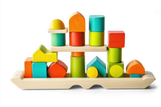 Children's wooden building blocks in bright colors form a tower that encourages creativity and fine motor skills during imaginative playtime