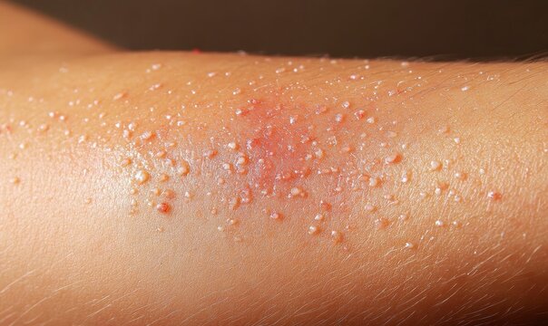 Sunburnt skin blisters, red painful sores, inflammation.