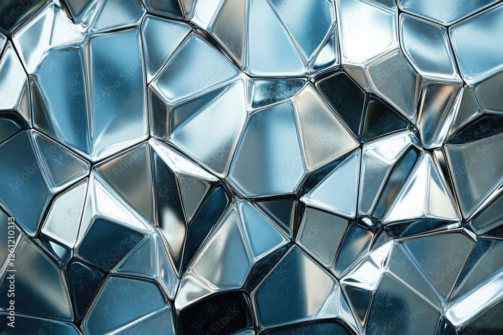 Poster abstract metallic background with a cracked, faceted, and reflective surface texture.