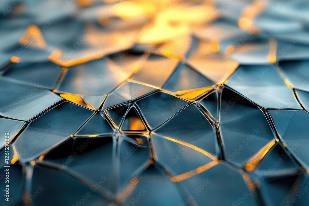 Poster Abstract image of a dark blue and golden geometric pattern with an intricate design of interconnected polygons.