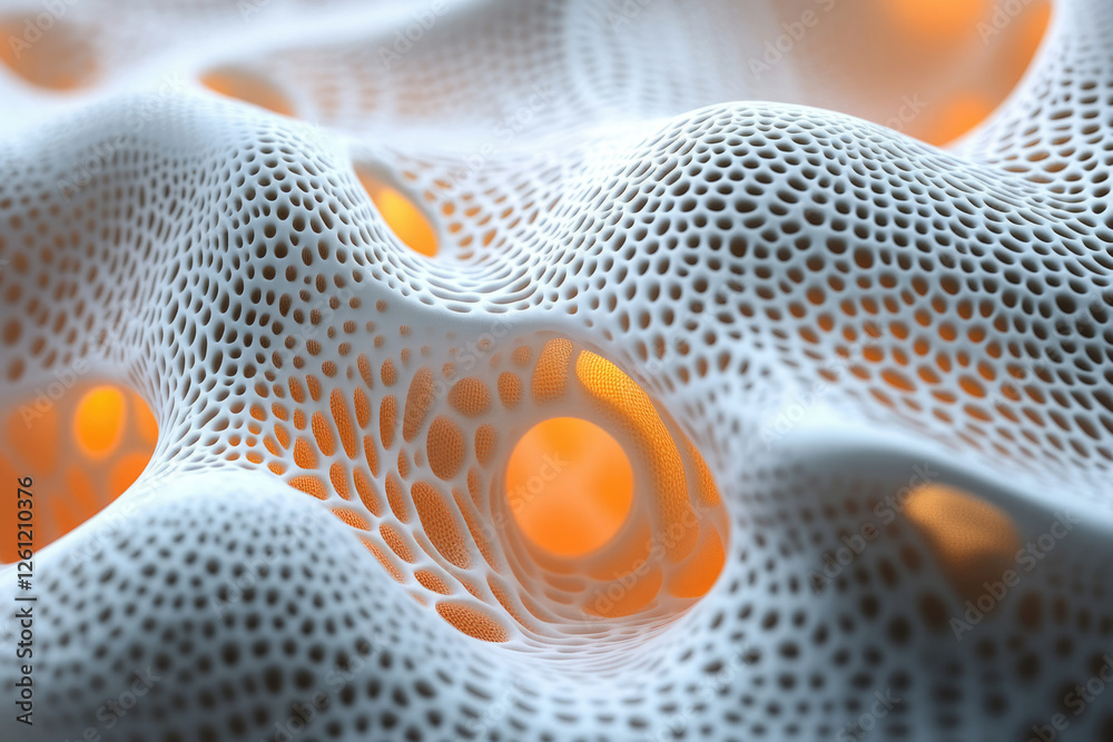 Poster Abstract 3D rendering of a porous, undulating white surface with orange inner glow, resembling a complex network or cellular structure.
