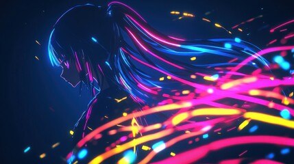 Neon girl, colorful trails, dark background, anime style, digital art
