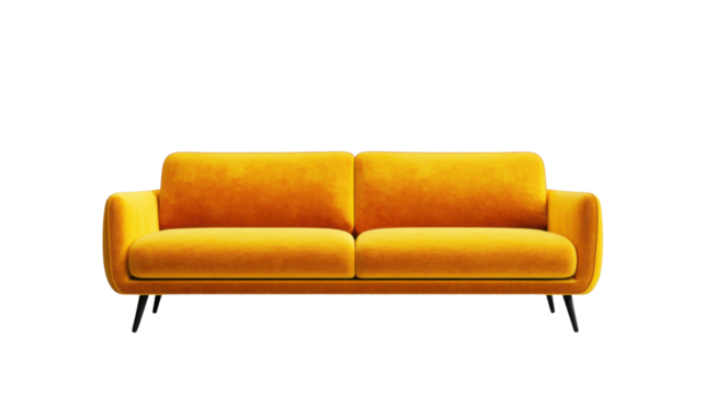 Modern yellow sofa isolated on transparent background representing comfort and style