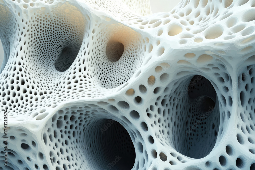 Poster Abstract 3D rendering of a porous, organic structure with interconnected cavities and tunnels.