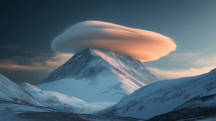 Stunning mountain landscape with unique cloud formation during sunset in winter