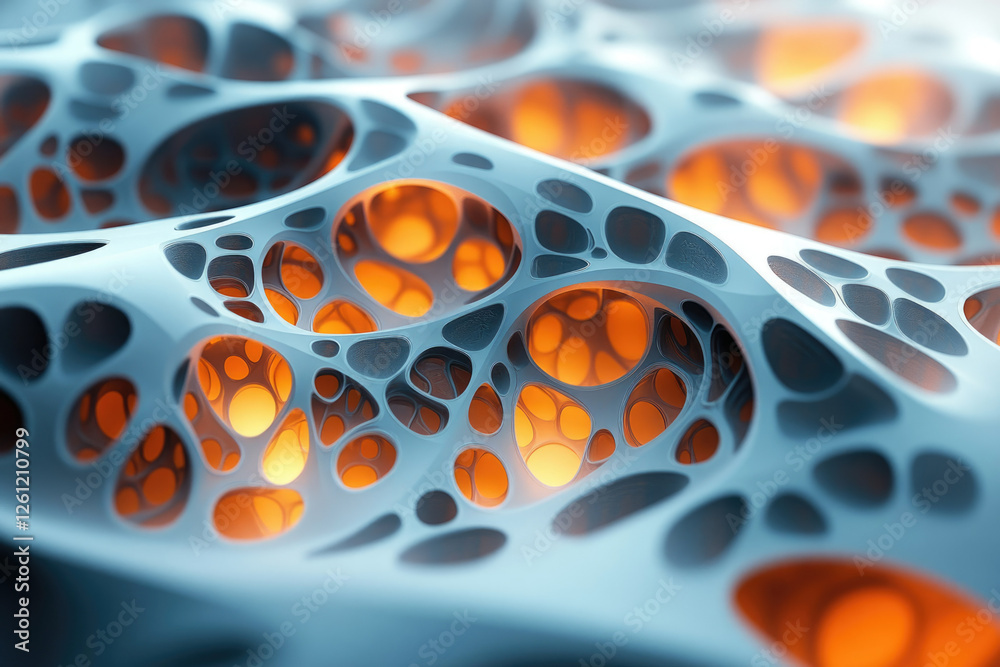 Poster abstract 3d render of a porous, interconnected structure with glowing orange inner cavities.