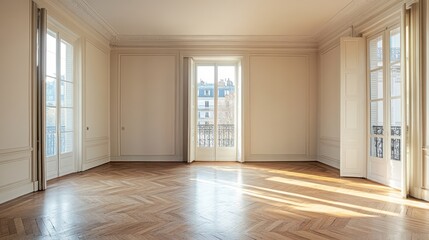 Empty Parisian Apartment Room Sunlight Streaming Through Large Windows
