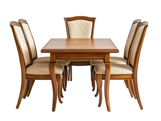 Classic wooden dining table with four chairs, isolated on a white background
