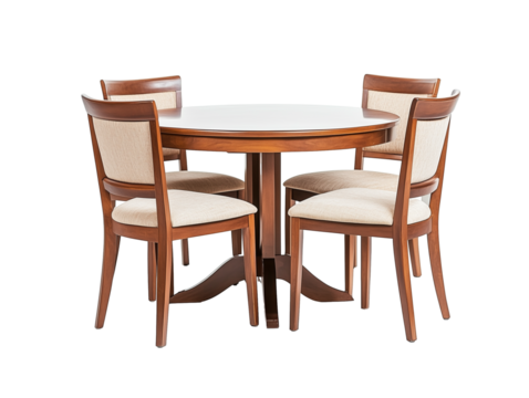 Classic wooden dining table with four chairs, isolated on a white background