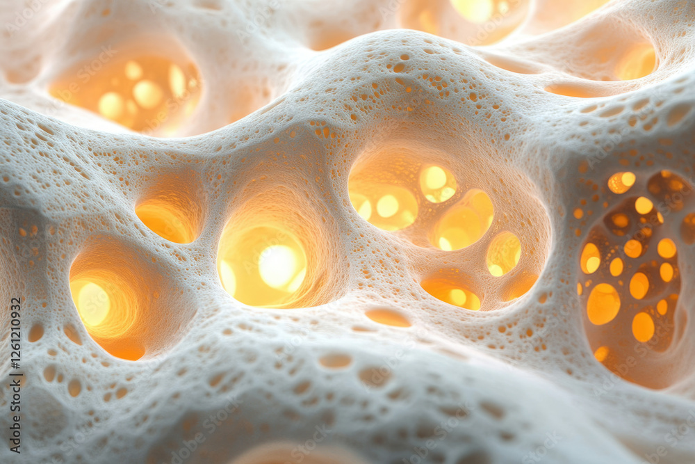 Aufkleber close-up view of porous, spongy material with inner glow, possibly bone structure or abstract art.