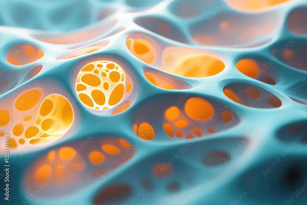 Poster Abstract 3D rendering of a porous, spongy structure with glowing orange interiors, resembling a complex network or cellular form.