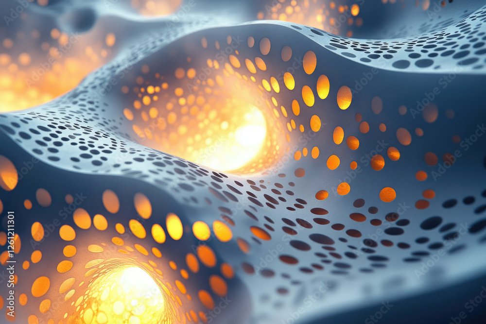 Poster Abstract 3D rendering of a wavy surface with perforated holes illuminated from within, creating a mesmerizing effect.