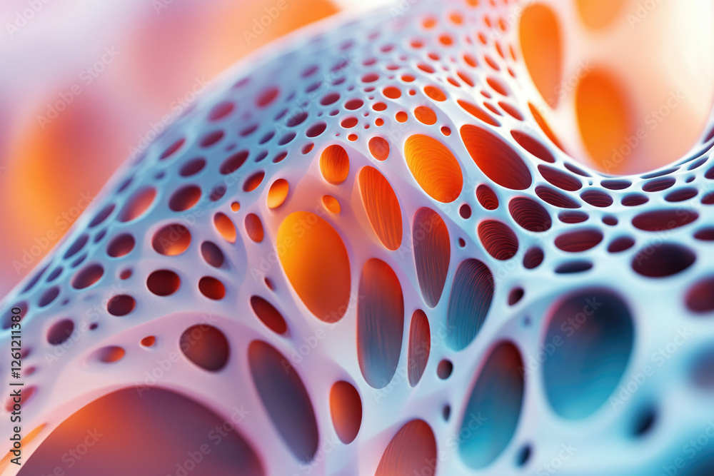 Poster abstract 3d render of a porous, interconnected structure with vibrant orange and blue hues.