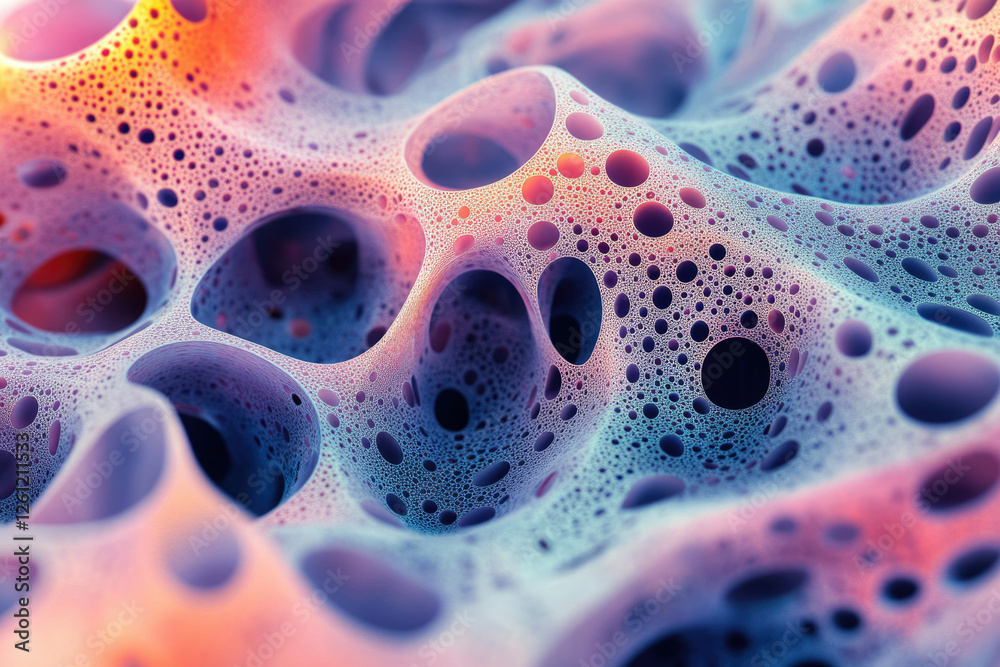 Poster abstract 3d render of a porous, organic-like structure with a vibrant color gradient.