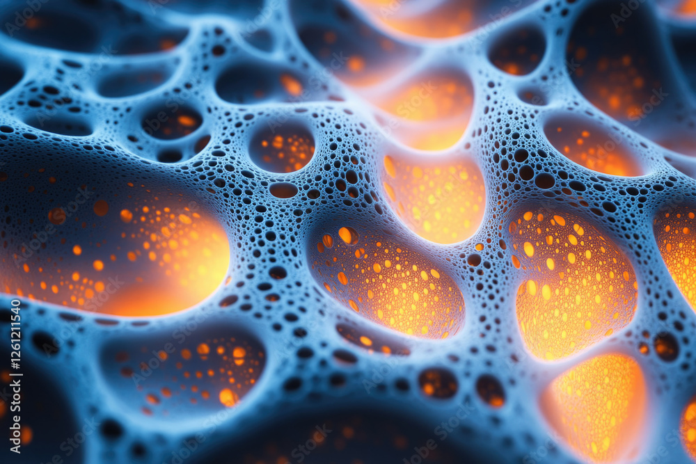 Poster abstract 3d render of a porous, cavernous structure with glowing orange interiors.