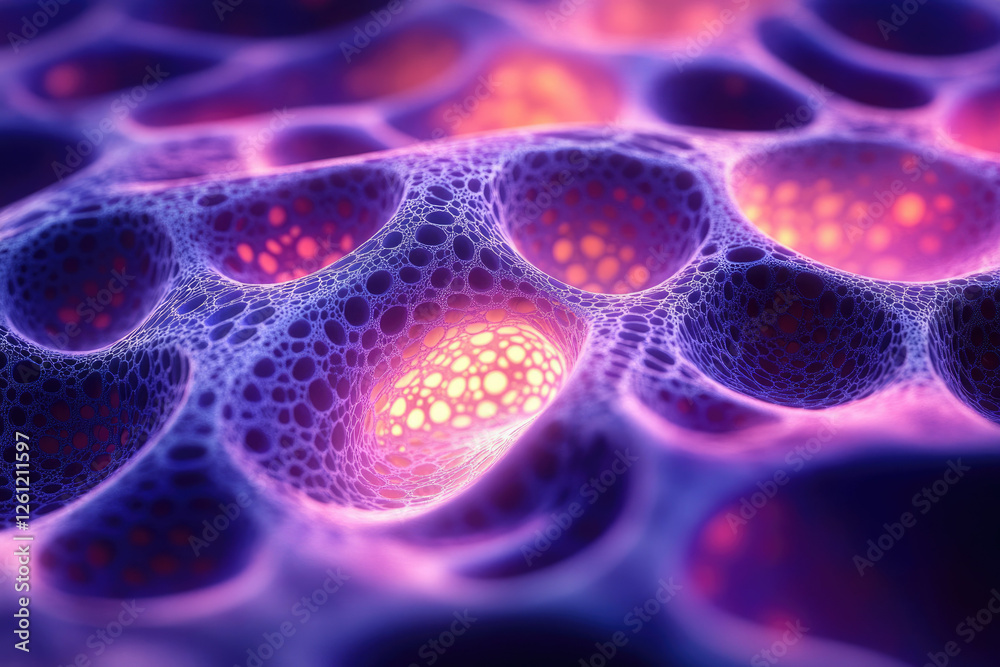 Poster abstract 3d render of a vibrant purple and pink porous structure with interconnected cavities, resem