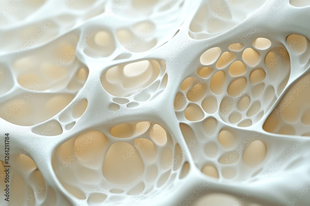 Poster abstract 3d render of a porous, spongy structure, resembling bone or a network.