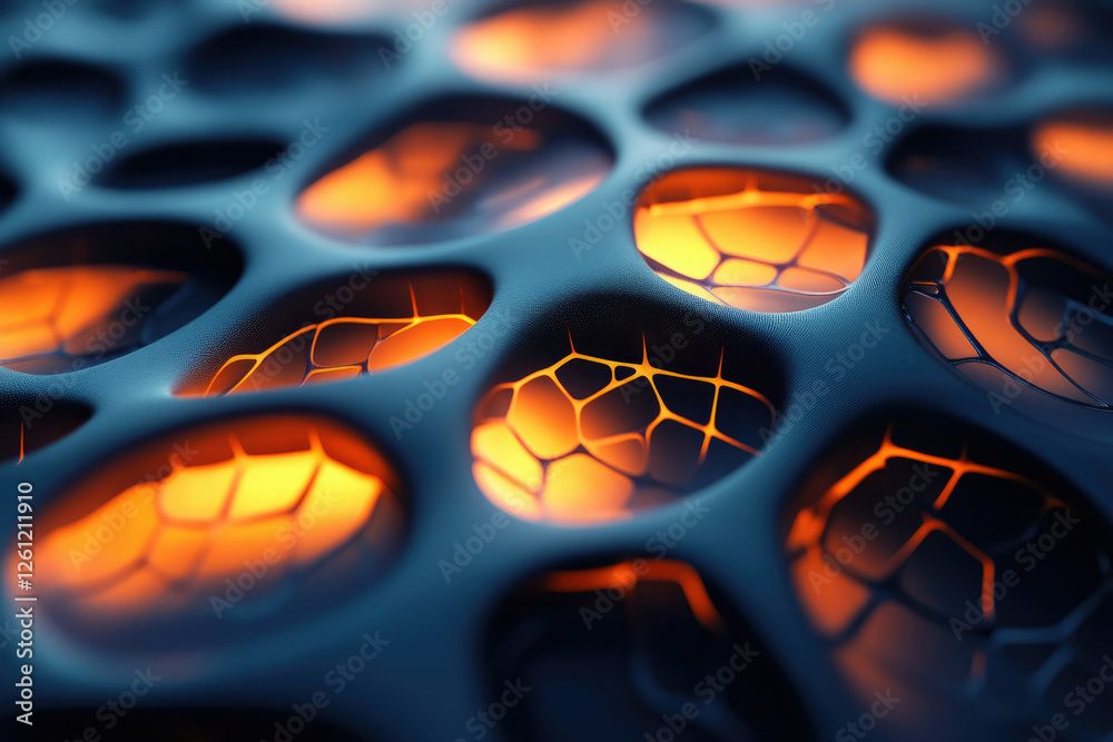 Poster Abstract 3D render of a dark, textured surface with glowing orange honeycomb-like structures.