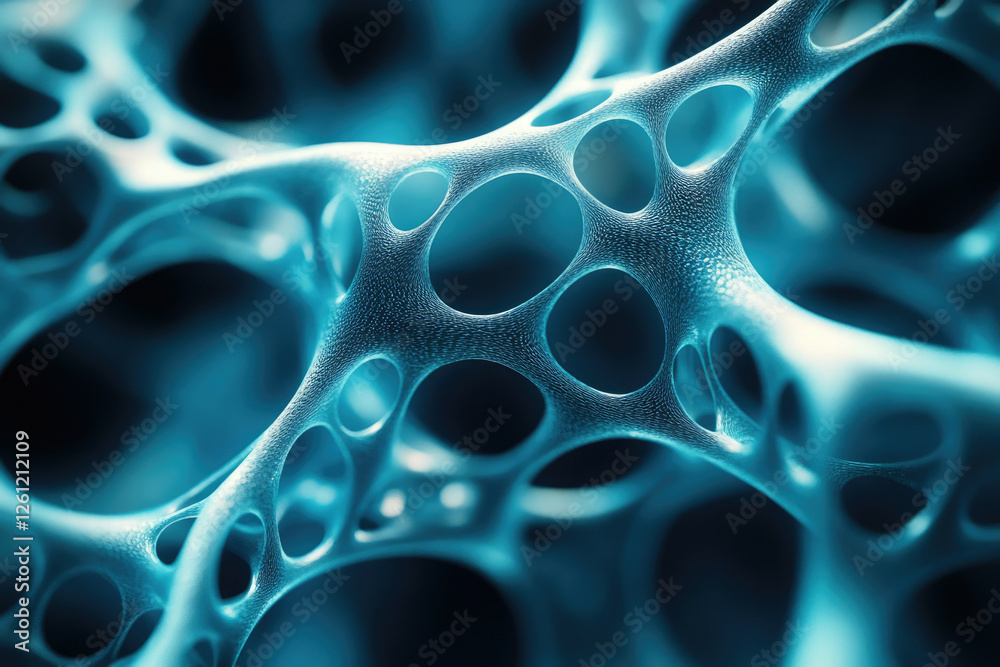 Poster Abstract image depicting a complex, porous, interconnected network resembling a 3D cellular structure.