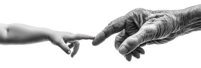 Baby hand touching elderly hand, symbolizing connection, isolated on transparent cutout background