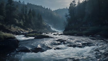 Dynamic River Flowing Through Dense Forest Stormy Weather