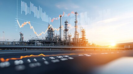 Fototapeta premium Industrial Oil Refinery with Data Graph Overlay in Sunset Light