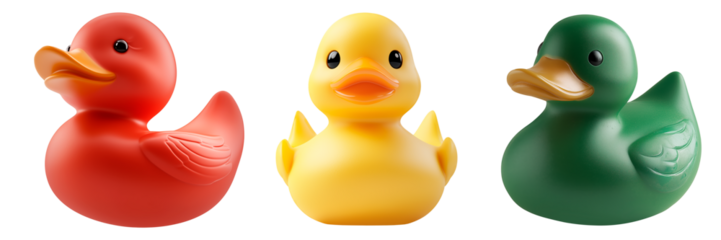 Set of colorful rubber ducks isolated on a transparent background. Red, yellow, and green rubber duck toys for kids' bath or decoration. Vibrant colors and playful design for childhood themes.
