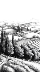 Black and white drawing of the landscape of Tuscany