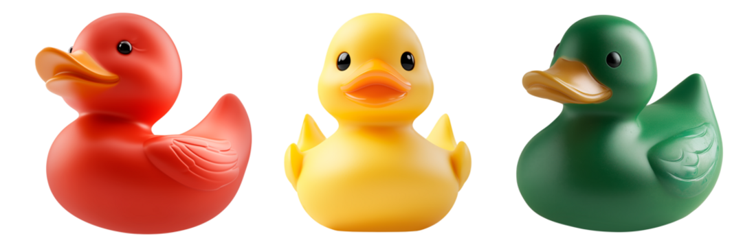 Set of colorful rubber ducks isolated on a transparent background. Red, yellow, and green rubber duck toys for kids' bath or decoration. Vibrant colors and playful design for childhood themes.