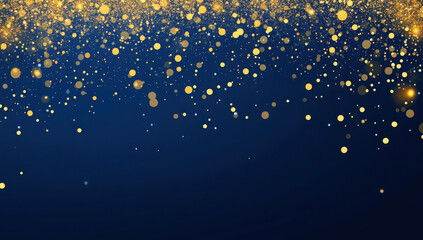 Abstract dark blue and gold particle background with Christmas golden light bokeh, shining particles on navy blue, gold foil texture, festive holiday concept