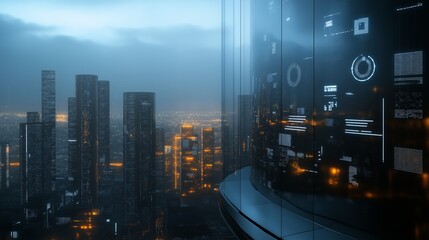 Futuristic city skyline at dusk with glowing digital displays and towering skyscrapers